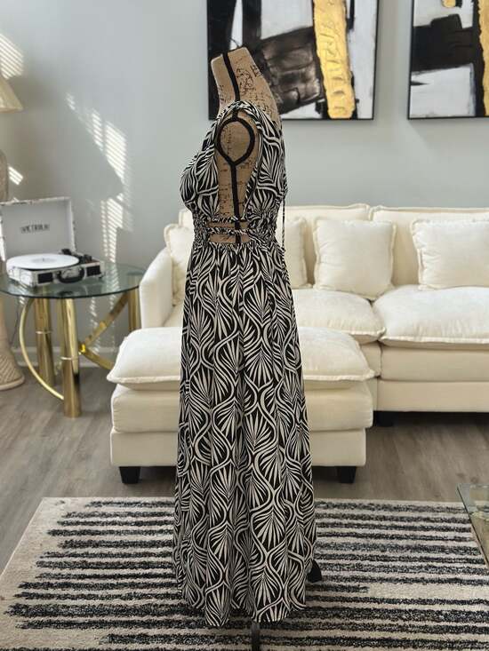 Indulge in Style Black and White Leaf Print Smocked Maxi Dress - Picture 3 of 7